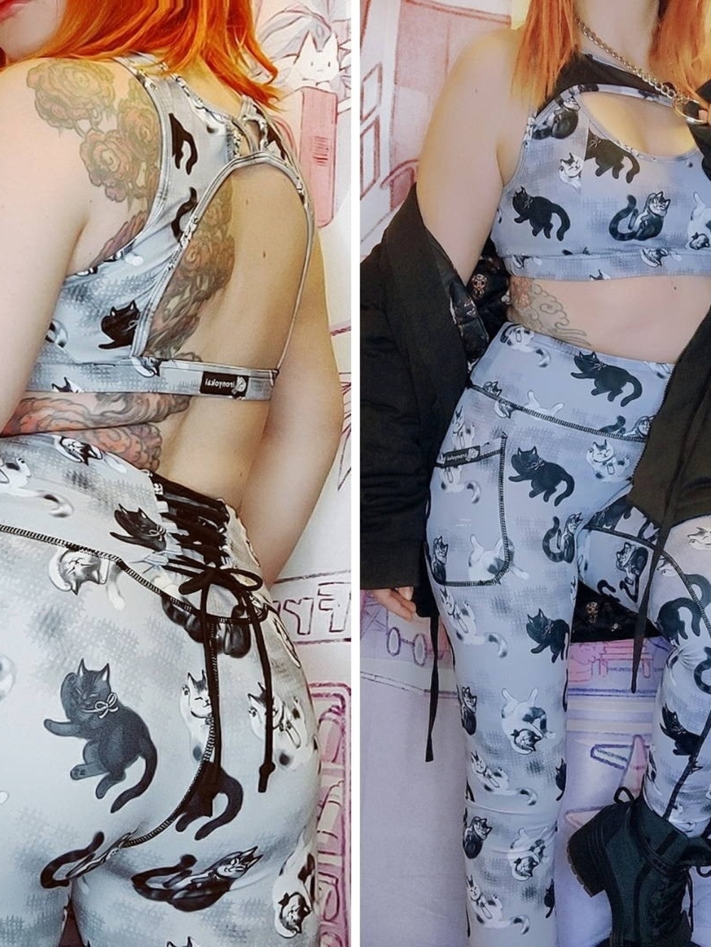 Iron Yokai Gray Kitten Cat Monochrome Corset Leggings & Matching Keyhole Bra